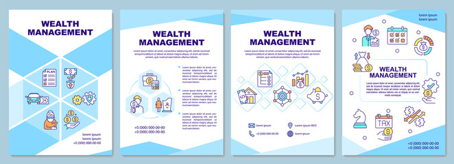 Fototapeta na wymiar Wealth management brochure template. Controlling finances. Flyer, booklet, leaflet print, cover design with linear icons. Vector layouts for presentation, annual reports, advertisement pages
