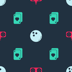 Set Gamepad, Bowling ball and Playing cards on seamless pattern. Vector