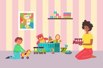 Obraz na płótnie Canvas Lovely mother playing with little kid son, mom together children funny time spent, room big toy box flat vector illustration.