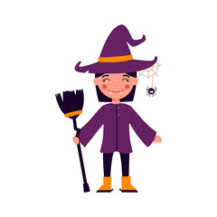 Little witch, cute cartoon girl in the Halloween costume with broom. Isolated vector