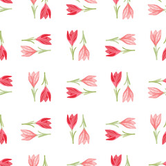 Isolated pink flowers crocus ornament seamless pattern in hand drawn style. White background.