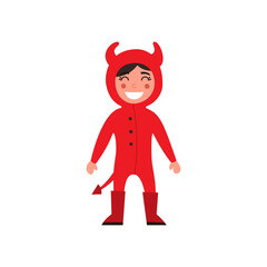Vector cute cartoon kid in colorful Halloween costume devil. Cartoon character design isolated on white, used for children s books, stickers, posters, web pages