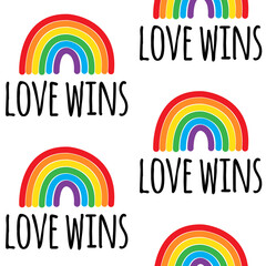 Vector seamless pattern of hand drawn doodle sketch lgbt pride rainbow love wins lettering isolated on white background