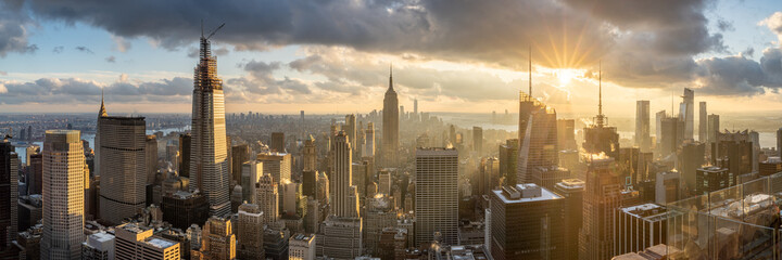 New York City skyline panorama at sunset