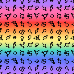 Pride flag LGBT Gender Seamless pattern endless. Bigender, agender, neutrois, asexual, lesbian, homosexual, bisexual icons orientation. Vector surface design Freedom flag rainbow colors background - 429637396