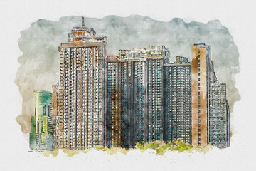 Watercolor of city. A sketch of a large building in the capital.