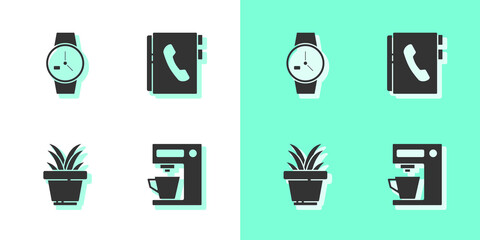 Set Coffee machine, Wrist watch, Plant pot and Address book icon. Vector