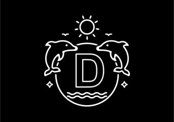 White black line art illustration of D initial name in dolphins frame