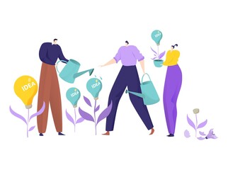 Businessman people together watering creative idea, grow business thought light bulb flat vector illustration, isolated on white.