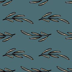 Black contoured leaf branches seamless hand drawn pattern. Pale navy blue background. Simple style.