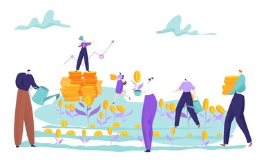 People together working growing field money, businessman character group teamwork business work flat vector illustration, isolated on white.