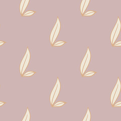Minimalistic style seamless pattern with nature leaf contoure white silhouettes. Pastel lilac background.