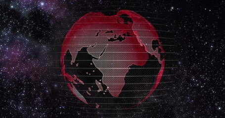 Fototapeta premium Red Earth Concept of Global Warming. Big data 3d Earth. Binary code surrounding globe rotating. Retro digital Earth. Digital data globe,abstract 3D rendering of data network surrounding planet earth.