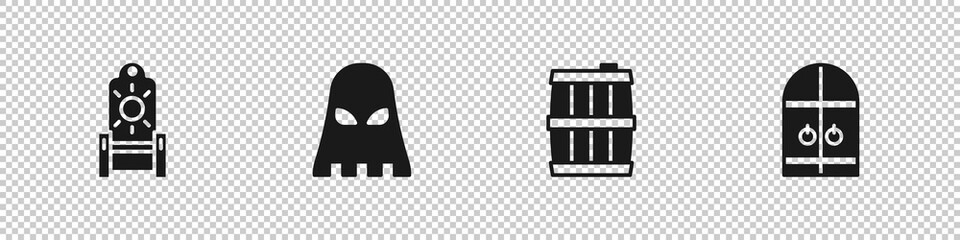 Set Medieval throne, Executioner mask, Wooden barrel and castle gate icon. Vector