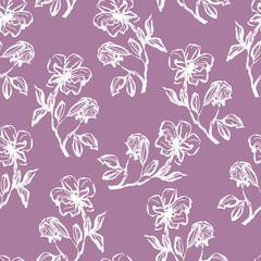 seamless contour floral vector pattern with twigs and leaves on contrasting background