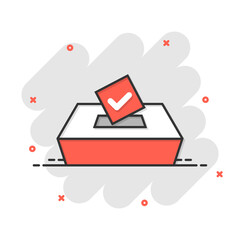 Vote icon in comic style. Ballot box cartoon vector illustration on white isolated background. Election splash effect business concept.