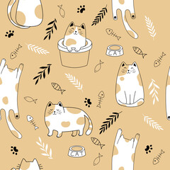 Seamless pattern with cute cats . Creative kids hand drawn texture Vector illustration