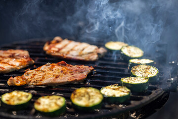 pork and zucchini, garden grill with charcoal