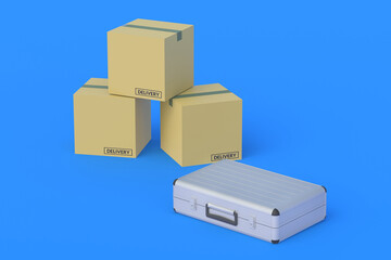 Metal suitcase near parcels. Investing in an international transport company. Shipping cost, logistics. Arrangement of special delivery conditions. Financing of postal service. 3d render