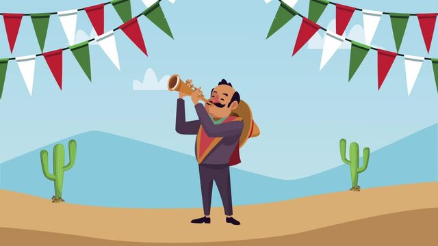 mexican mariachi playing trumpet in desert