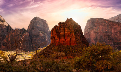 Panoramic American landscape view of Mountains and Canyon. Dramatic Colorful Sunset Artistic Render. Taken in Zion National Park, Utah, United States. Nature Background Panorama