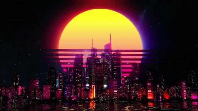 Yellow pinkish moon above beautiful night city, retro music video background