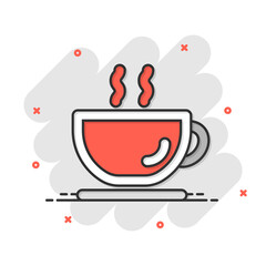 Coffee cup icon in comic style. Hot tea cartoon vector illustration on white isolated background. Drink mug splash effect business concept.