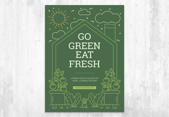 Vegan Eat Green Flyer Card with House Sun and Organic Garden