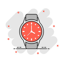 Wrist watch icon in comic style. Hand clock cartoon vector illustration on white isolated background. Time bracelet splash effect business concept.