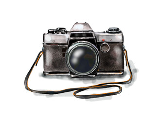 Black retro camera in vintage style on white background. Creative hand-drawn background. Hand-drawn illustration.