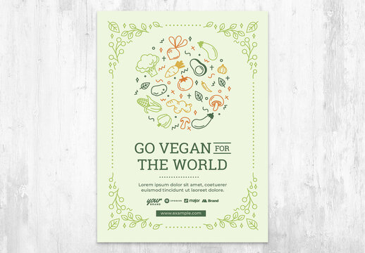 Vegan for the World Flyer Card with Fruits and Vegetables Illustration