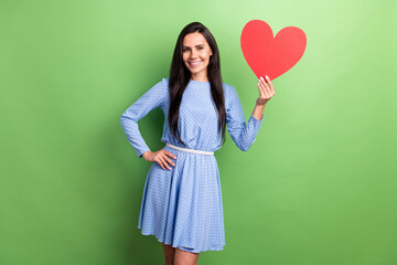 Photo of sweet optimistic brown hair lady show heart wear blue dress isolated on green color background