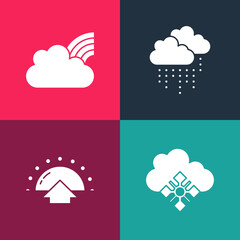 Set pop art Cloud with snow, Sunrise, rain and Rainbow clouds icon. Vector