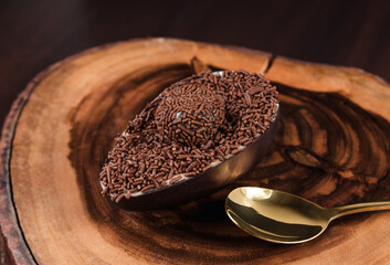 Chocolate Easter Egg filled with brigadeiro (brigadier), Goumert egg chocolate tradition in Brazil.