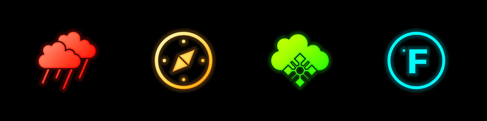 Set Cloud with rain, Compass, snow and Fahrenheit icon. Vector