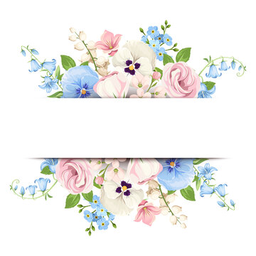 Vector white banner with pink, blue and white pansy flowers, lisianthus flowers and forget-me-not flowers.