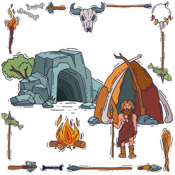 Caveman character standing near cave with tool, household item, banner old ancient people flat vector illustration, isolated on white.