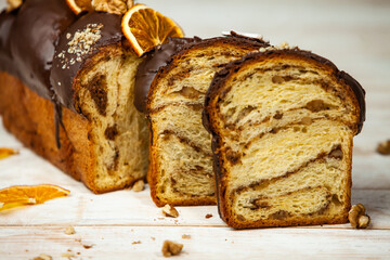 Panettone is the traditional Italian dessert for easter in 2021. Homemade panettone covered in chocolate and sprinkles. Bread served as dessert.