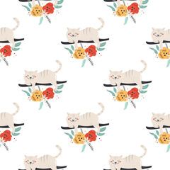 Seamless pattern with funny smiling Cheshire Cat
