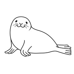 Vector hand drawn outline doodle icon fur seal isolated on white background. Happy seal lying on the beach and smiling. Cute ocean animal illustration.