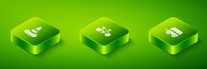 Set Isometric Bicycle, Wild west covered wagon and Traffic cone icon. Vector