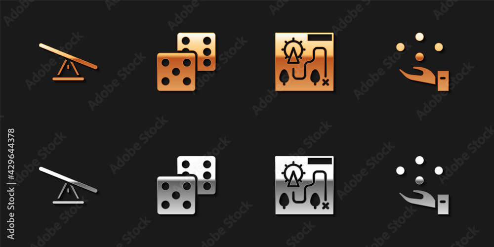 Sticker Set Seesaw, Game dice, Amusement park map and Juggling ball icon. Vector