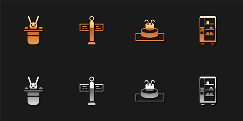 Set Magician hat and rabbit, Road traffic signpost, Fountain and Vending machine icon. Vector