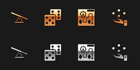 Set Seesaw, Game dice, Amusement park map and Juggling ball icon. Vector