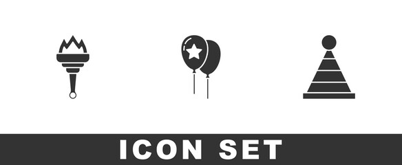 Set Torch flame, Balloons and Party hat icon. Vector