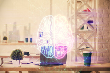 Double exposure of brain drawing and office interior background. Concept of data technology.