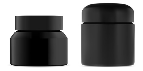 Cosmetic cream jar black plastic mockup. Beauty container for wax or body scrub. Premium men cosmetic packaging for advertising. Face skin cream or powder bottle mock up for presentation