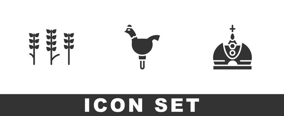 Set Wheat, Cockerel lollipop and King crown icon. Vector
