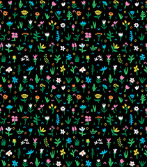 Seamless pattern with abstract bright flowers on a black background. Geometric flowers for trending designs. Vector print with colorful floral elements in collage style. Stock vector illustration.