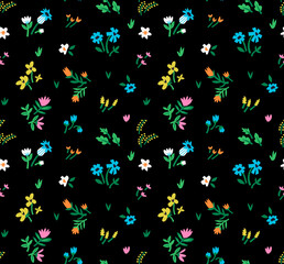 Fototapeta na wymiar Seamless pattern with abstract bright flowers on a black background. Geometric flowers for trending designs. Vector print with colorful floral elements in collage style. Stock vector illustration.
